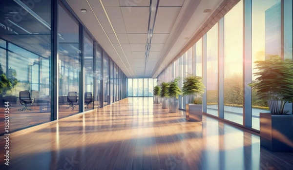 Fototapeta A bright and spacious modern office hallway with floor-to-ceiling glass windows, allowing natural sunlight to stream in. The corridor is lined with green potted plants in sleek metal containers, creat
