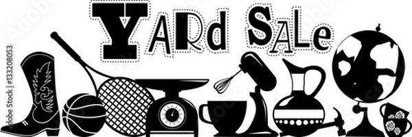Obraz Yard sale vector silhouette banner with assorted household and sport items, EPS 8, no white objects