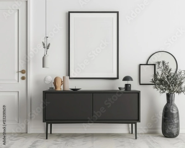 Fototapeta Modern hallway interior with black console table. white walls. and a blank picture frame