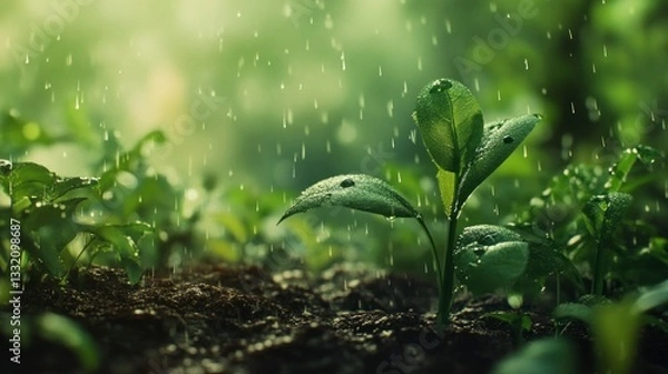 Fototapeta Growing Plant in Rain Showers with Fresh Green Leaves and Soil