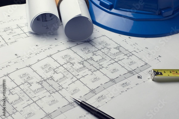 Fototapeta architectural plans project drawing with blueprints rolls