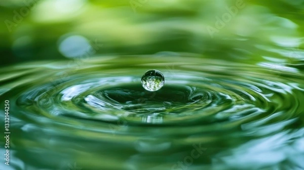 Fototapeta A green background with water ripples and a single drop of clear liquid in the center, symbolizing nature's beauty and tranquility. 
