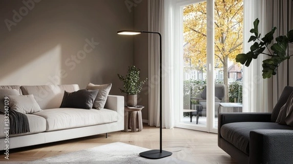 Fototapeta Cozy Living Room Setting with Comfortable Couch and Elegant Lamp Design