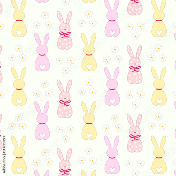 Fototapeta Pattern with multi-colored rabbits.Vector seamless pattern of multi-colored rabbits and daisies on a colored background.