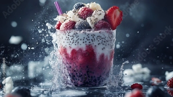 Fototapeta Colorful smoothie bursting with berries in an artistic display at a modern café