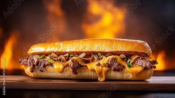 Obraz Delicious cheesesteak sandwich with melted cheese and grilled onions, set against a fiery background