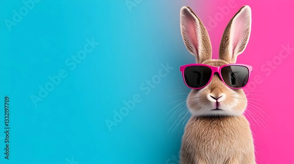 Fototapeta Cool bunny with sunglasses on colorful background. Generative