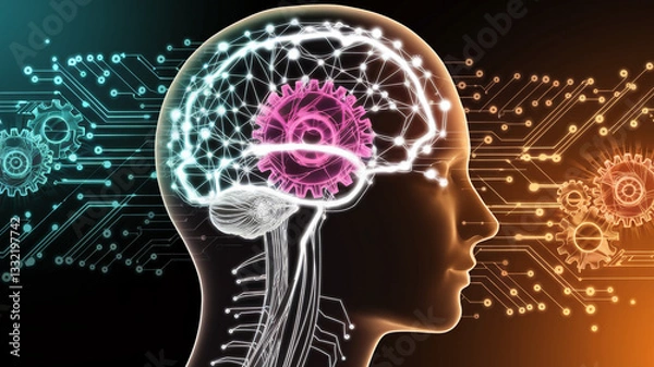 Fototapeta Human head profile, brain visualized with network and gears, circuit board background, representing artificial intelligence, technology, and cognitive processes