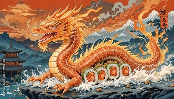 Fototapeta Fiery Sushi Dragon Emerging from Waves Asian Japanese Mythology Art