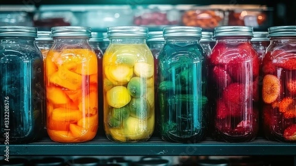 Fototapeta Rows of colorful vibrant preserved fruits and vegetables displayed in glass mason jars on rustic wood shelves  Concept of healthy natural homemade food preservation and storage