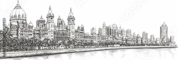 Fototapeta Mumbai Skyline Pen and Ink Drawing - Elegant line art depicting Mumbai's architectural beauty, symbolizing history, culture, progress, coastal charm, and urban vibrancy