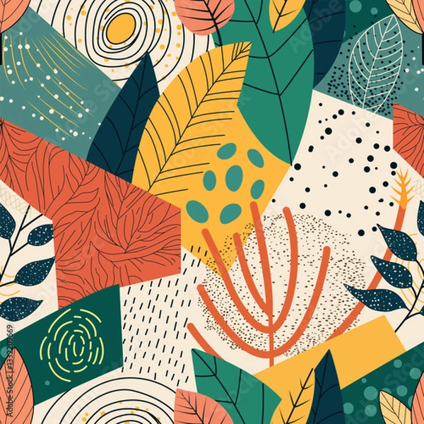 Fototapeta Colorful abstract geometric pattern featuring leaves and natural elements in vibrant shades