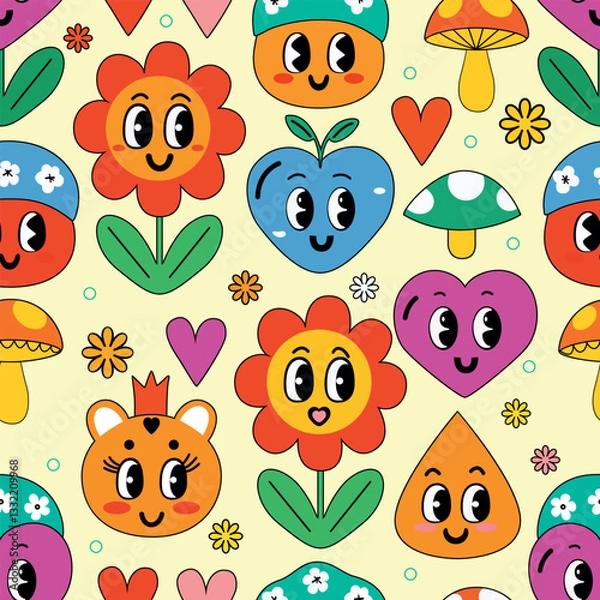 Fototapeta Colorful cartoon characters and cheerful floral designs create a vibrant, playful pattern on a light background