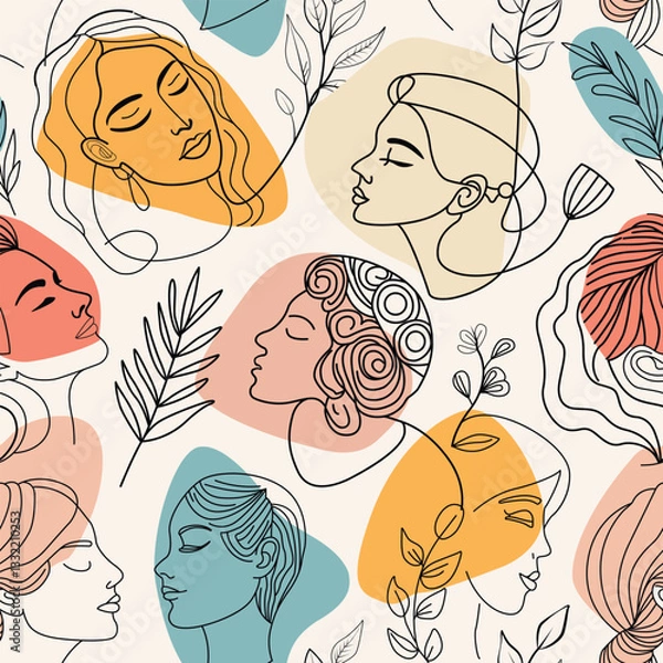 Fototapeta Artistic representation of diverse female faces with floral accents on a light background
