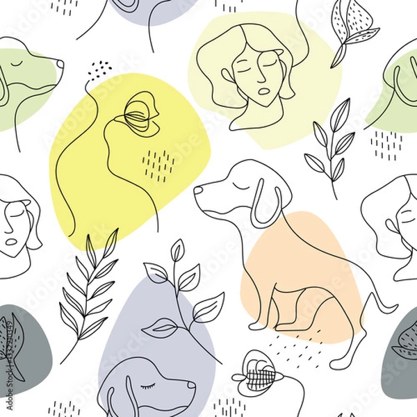 Fototapeta Colorful abstract design featuring dogs and human faces on a light background