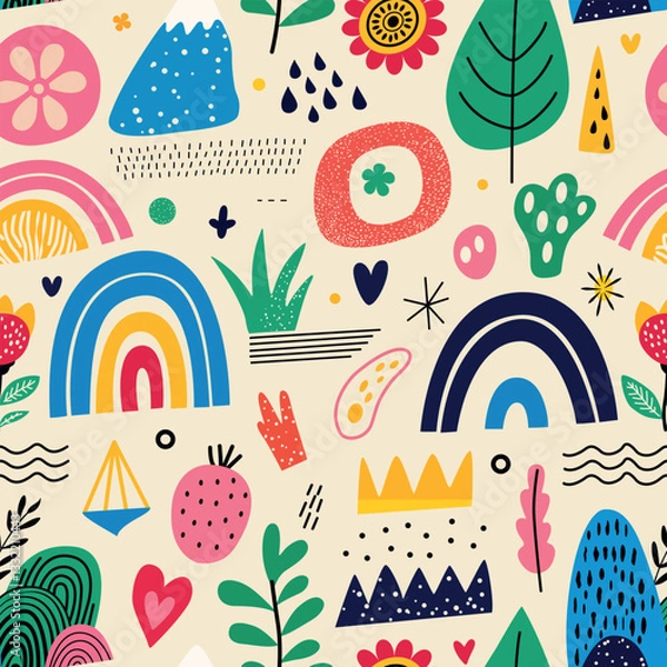 Fototapeta Bright and colorful abstract patterns with rainbows and plants bring joy and vibrancy to a cheerful design