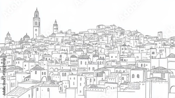 Fototapeta Skyline Line Art: A City of Architectural Wonders - A captivating line art illustration depicting a dense cityscape, symbolizing history, architecture, community, heritage, and urban exploration
