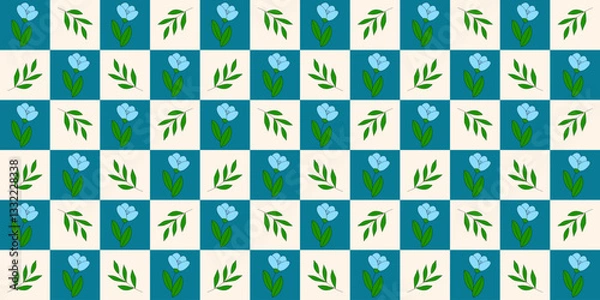 Obraz Seamless checkered pattern with blue flowers and green leaves on checked yellow blue background