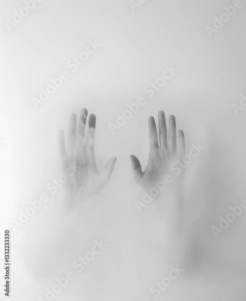 Fototapeta Shadowy hands pressing against a frosted glass surface, eerie horror and mystery concept