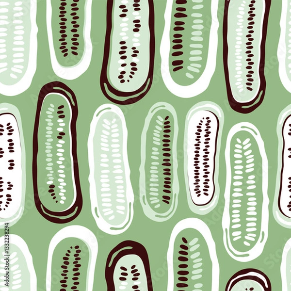 Fototapeta Seamless pattern doodle vegetables on green background. Green cucumber and gherkins, sliced in half. Healthy vegetables. Farm products. Hand drawn vector illustration for the design of wrapping paper