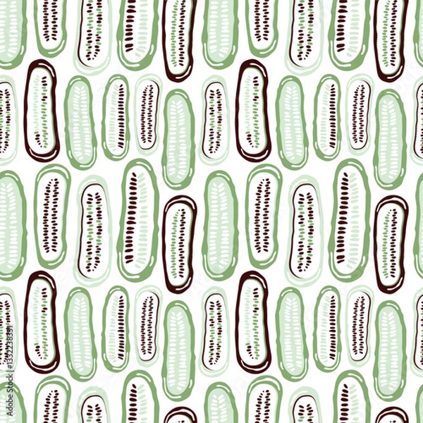 Fototapeta Seamless pattern doodle vegetables on white background. Green cucumber and gherkins, sliced in half. Healthy vegetables. Farm products. Hand drawn vector illustration for the design of wrapping paper