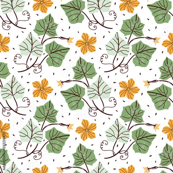 Fototapeta Floral  seamless pattern on white background. Flowers, leaves, stems, seeds of cucumber, squash, zucchini, pumpkin. Hand-drawn vector botanical illustration