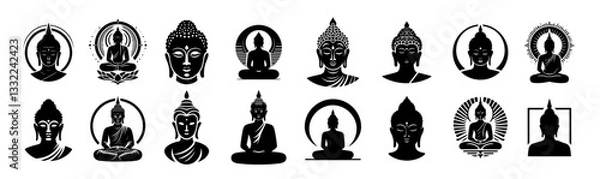 Fototapeta collection of buddha silhouettes and head illustrations in various meditation poses and styles