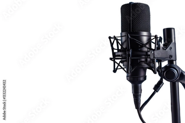 Fototapeta A Powerful Black Microphone Poised To Capture Voices, Ready To Broadcast Stories And Share Experiences Against A Clean White Backdrop Isolated on Transparent Background