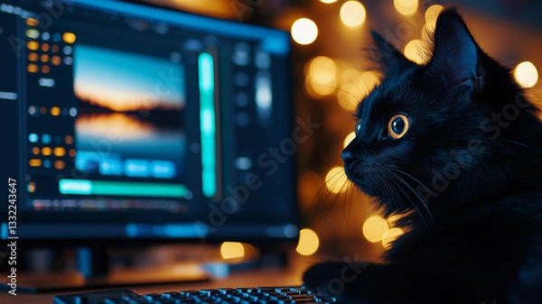 Obraz black cat sitting in front of computer screen with video editing software, illuminated by soft bokeh lights in background, creating cozy atmosphere