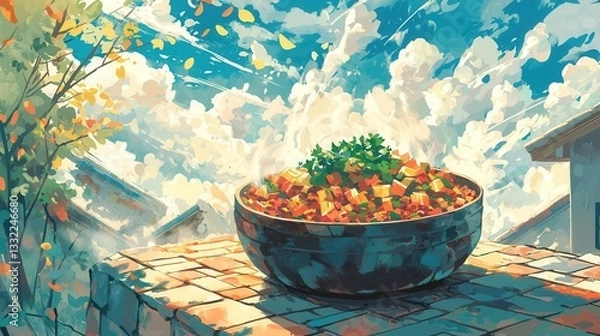 Obraz Steaming Bowl of Colorful Vegetable Stew Under a Sunny Sky