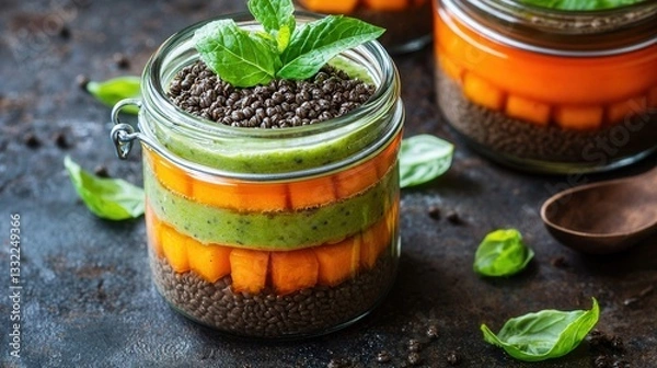 Obraz Layered Green Smoothie Pumpkin and Chia Seeds in a Jar