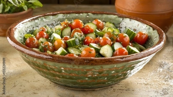 Obraz Fresh Cucumber and Tomato Salad in Rustic Bowl