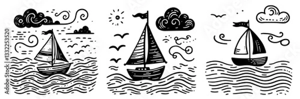 Fototapeta hand drawn black and white sailboat illustrations with waves and clouds