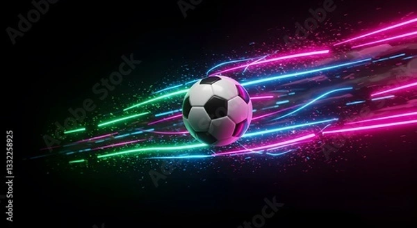 Obraz Soccer Ball with Neon Lights Trail on Black Background