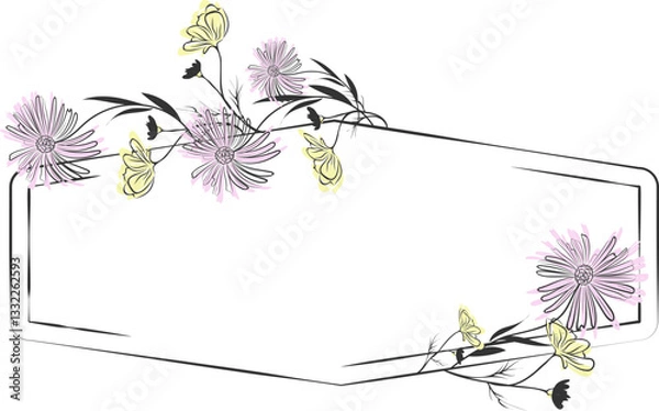 Obraz Stylish Floral Border with Purple and Yellow Blossoms. Hand-Drawn Asymmetrical Decorative flower Frame for Invitations, Greeting Cards, Branding, and Elegant Design Projects.