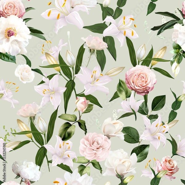 Obraz Pink ranunculus, white peony, blush pink rose, magnolia, white lily, camellia, floral buds and greenery vector seamless pattern. Floral summer watercolor print. Elements are isolated and editable