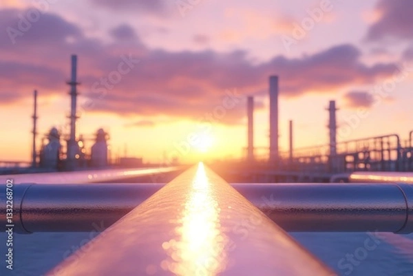 Fototapeta Glistening Pipeline at Sunrise Amidst Industrial Structures and Cloudy Skies