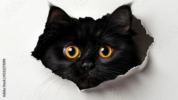 Obraz Black Cat with Expressive Eyes Peeking Through Ragged Torn White Paper in Captivating Image