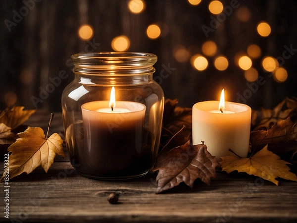 Fototapeta candle and autumn leaves, blurred background with golden hues and soft candlelight, great for fall-themed coffee, candles, and fashion accessories