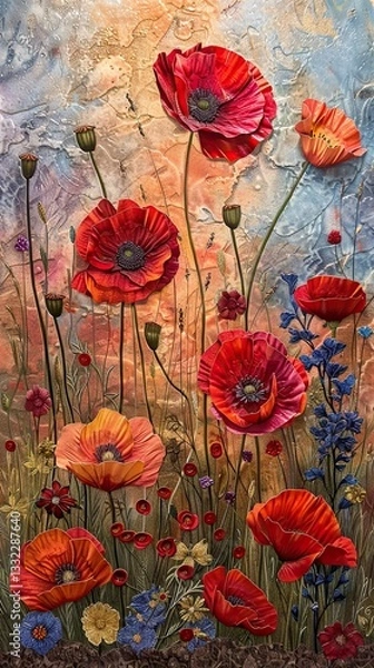 Fototapeta Vibrant textured painting of red poppies
