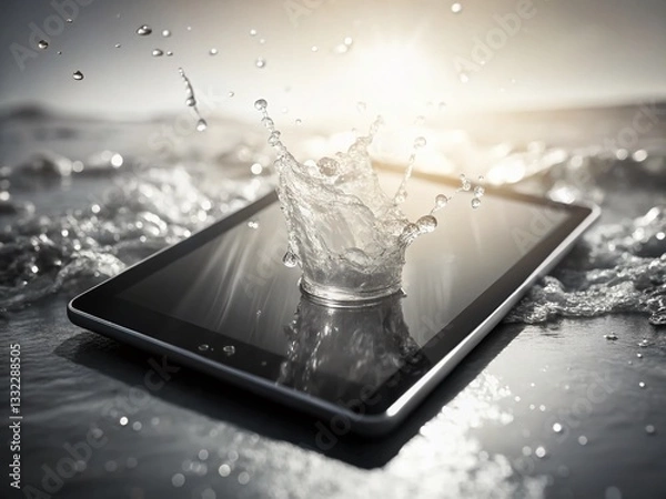 Fototapeta Sustainable Tech: Tablet in Warm Sunlight with Water Splash Background