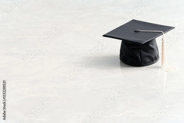 Fototapeta single graduation cap gently rests alone on smooth light-colored surface its tassel perfectly positioned minimalist