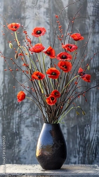 Obraz A luxurious floral bouquet featuring bold red poppies sits elegantly in a beautifully crafted vase.
