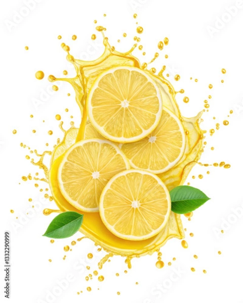 Fototapeta Fresh lemon slices with splashes of juice and green leaves