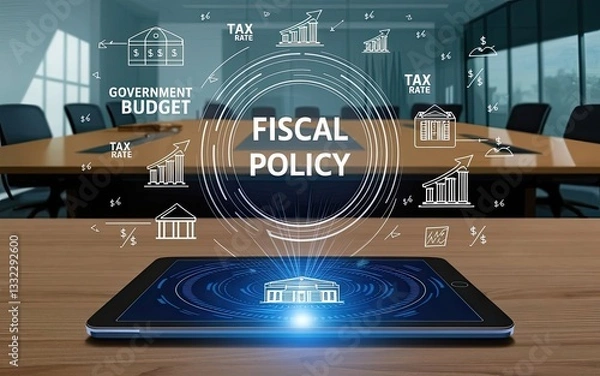 Fototapeta Fiscal Policy and Government Budget: Conceptual image depicting the complex financial strategies, plans, and actions of a government or organization