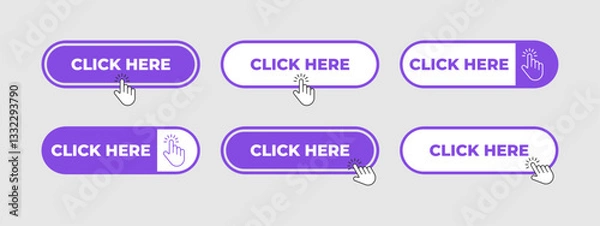 Obraz Six purple click here buttons with cursors hovering over them.