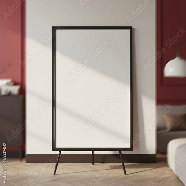 Fototapeta Empty frame mockup, ISO A paper size. Living room wall poster mockup. Interior mockup with modern design. 3D render