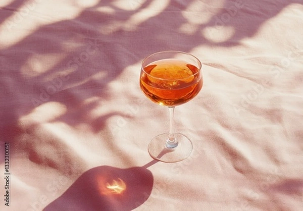 Fototapeta aperol spritz cocktail, on a pale pink linen tablecloth, shadows, sunlight, summer drink in glass