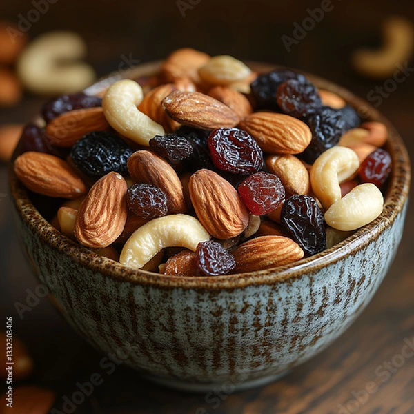 Fototapeta A close-up of mixed nuts, raisins, and dried fruits, including almonds, hazelnuts, and dates, showcasing a healthy, organic snack with a variety of textures and flavors