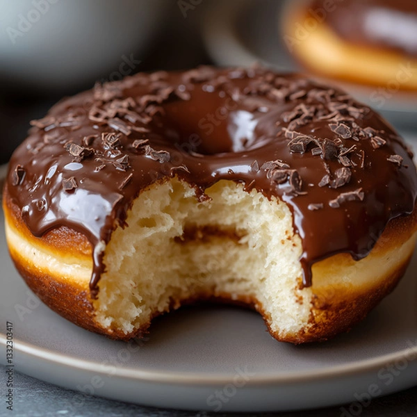 Fototapeta Delicious chocolate donuts and cake with icing and sugar on a white plate